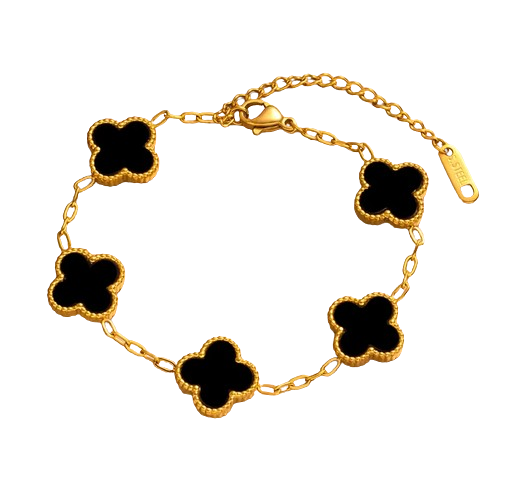 PD011 | Pulsera acero dorado tréboles de cuatro hojas esmaltado negro