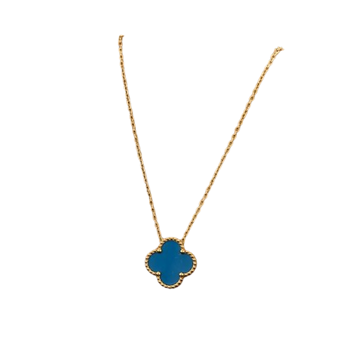 CD026 | Cadena con dije trébol de cuatro hojas en acero dorado y esmaltado celeste