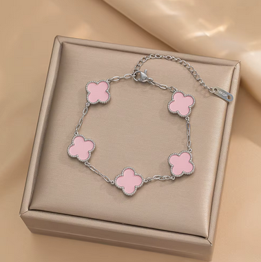 PQ035 | Pulsera acero inoxidable tréboles de cuatro hojas esmaltado rosado