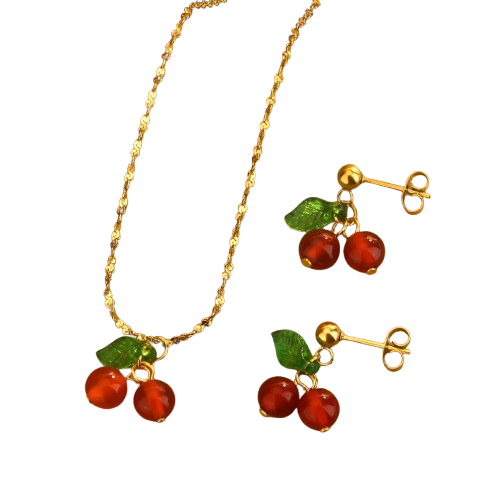 JD001 | Conjunto de collar y caravanas en acero dorado y cerezas en resina