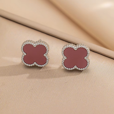 JQ006 | Conjunto en acero inoxidable tréboles de 4 hojas y esmaltado rojo vino