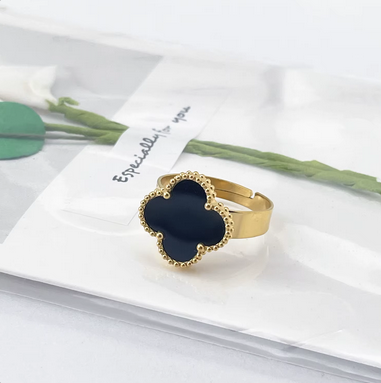 RD009 | Anillo acero dorado regulable trébol de cuatro hojas esmaltado negro