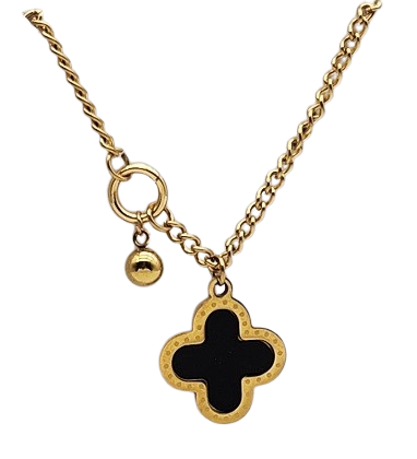 CD005 | Cadena con dije trébol cuatro hojas en acero dorado y esmaltado negro