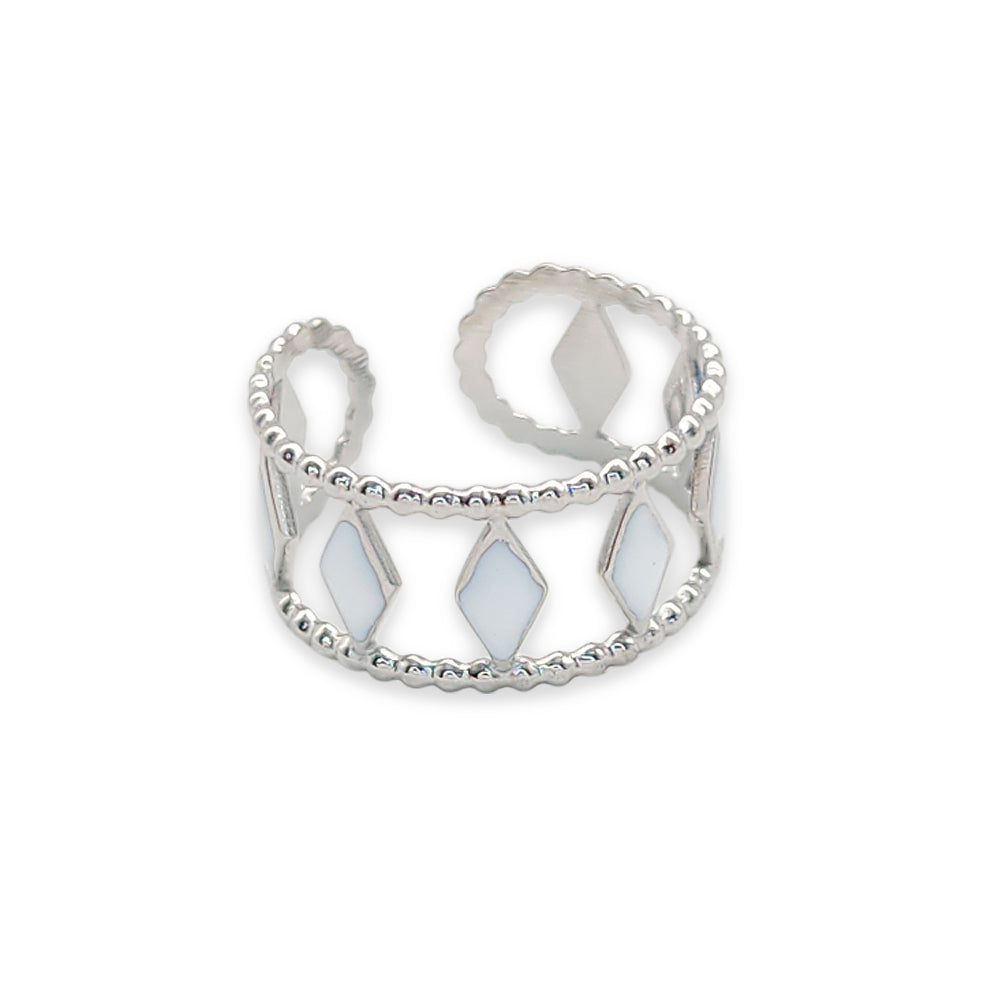 RQ031 | Anillo en acero inoxidable regulable y esmaltado blanco rombos