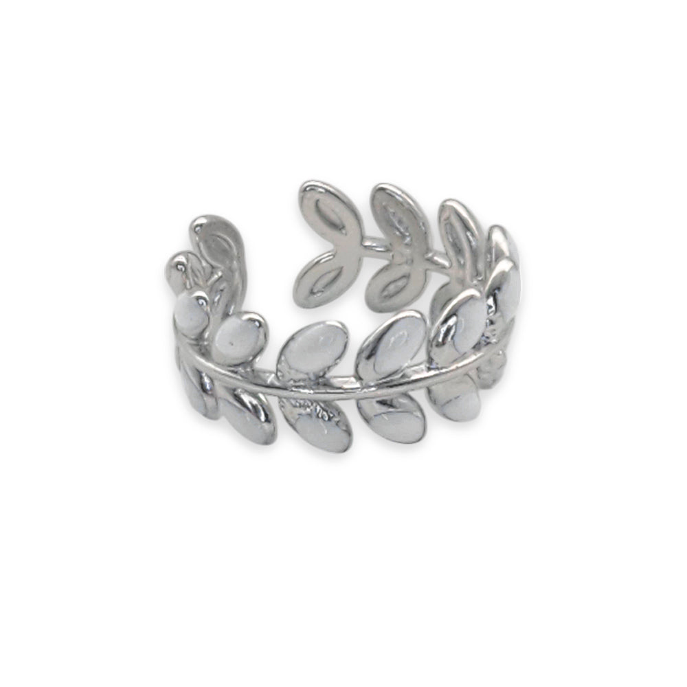 RQ028 | Anillo en acero inoxidable regulable y esmaltado blanco hojitas