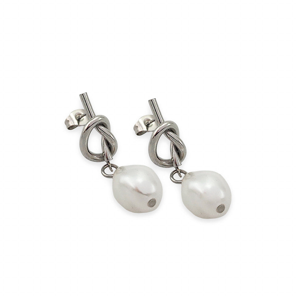 EQ014 | Caravanas nudo y perla en acero inoxidable