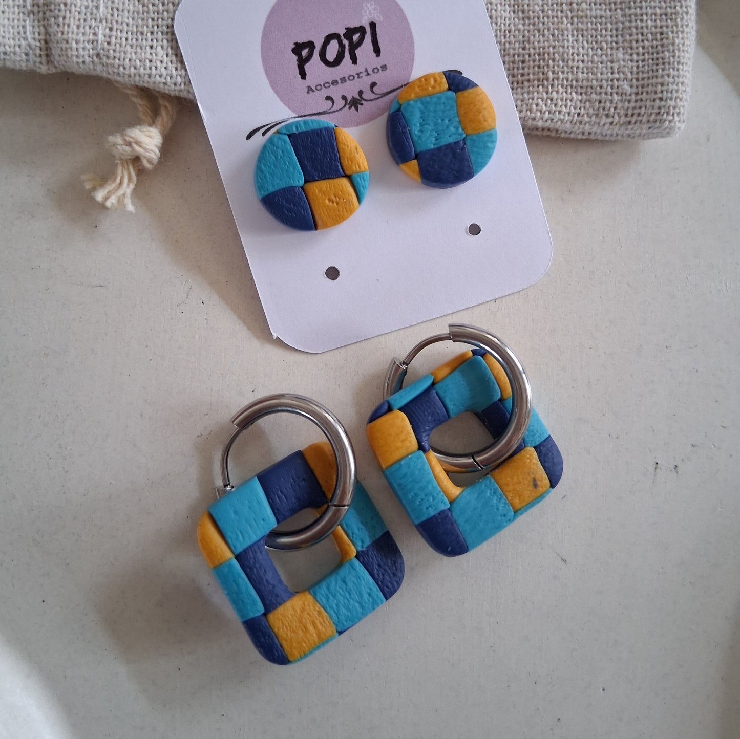 CL025 | Pack aros y caravanas Pachi - Cuadros azul, turquesa y mostaza
