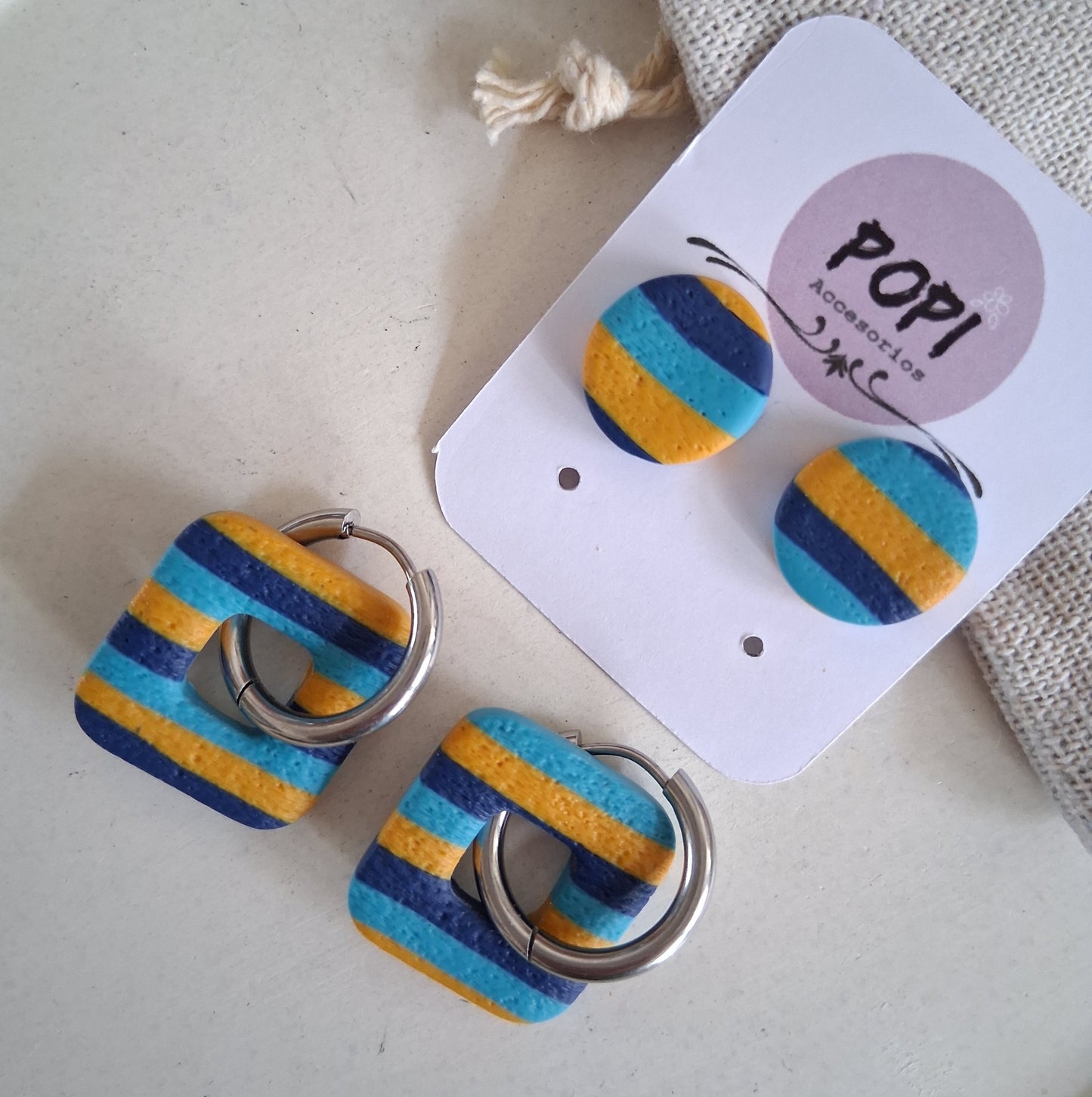 CL025 | Pack aros y caravanas Pachi - Rayas azul, turquesa y mostaza