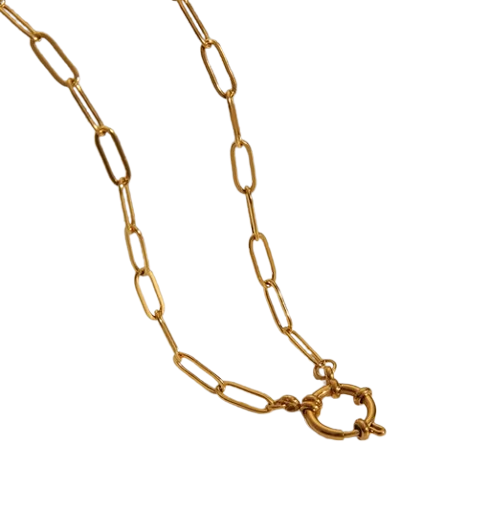 CD019 | Cadena en acero dorado con cierre marinero con dos dijes