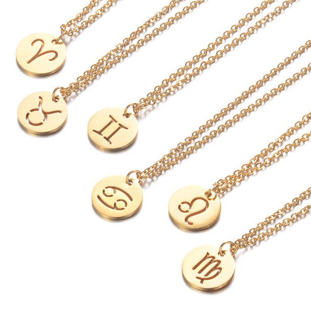 CD007 | Cadena con dije signo zodíaco en acero dorado y piedra de nacimiento