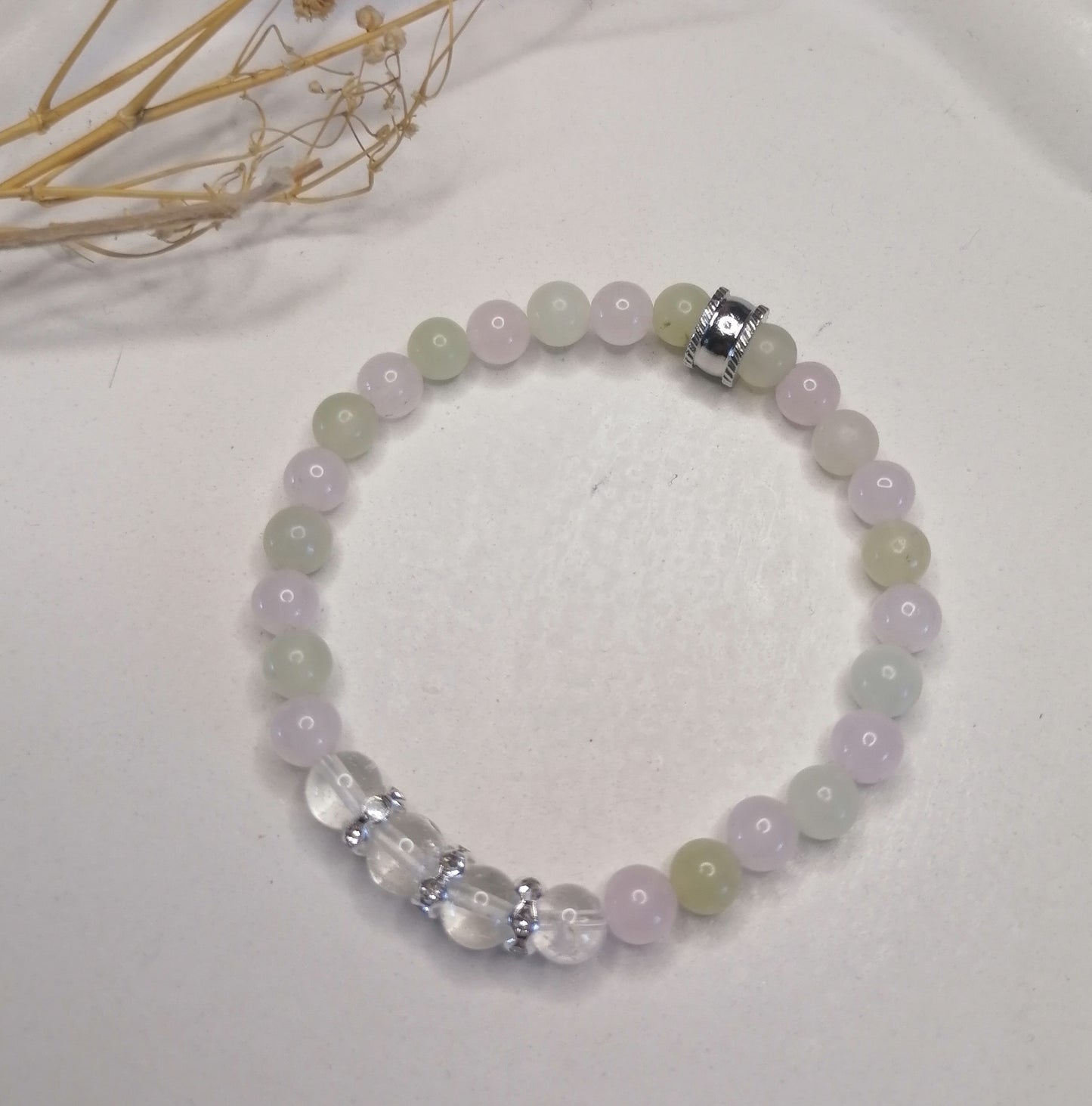 ST028 | Pulsera perlas piedras naturales Cuarzo rosa / Cuarzo cristal / Jade