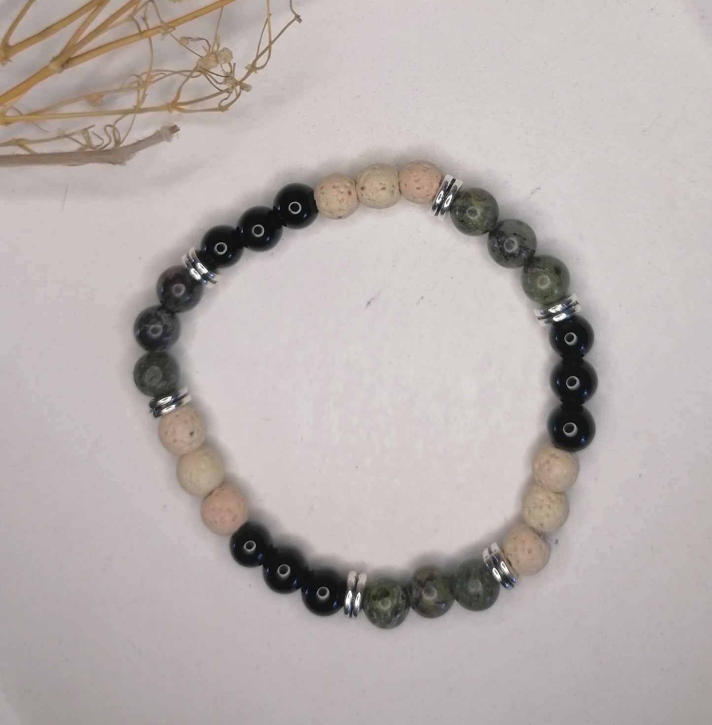 ST031 | Pulsera perlas piedras naturales Serpentina / Obsidiana negra / Lava volcánica