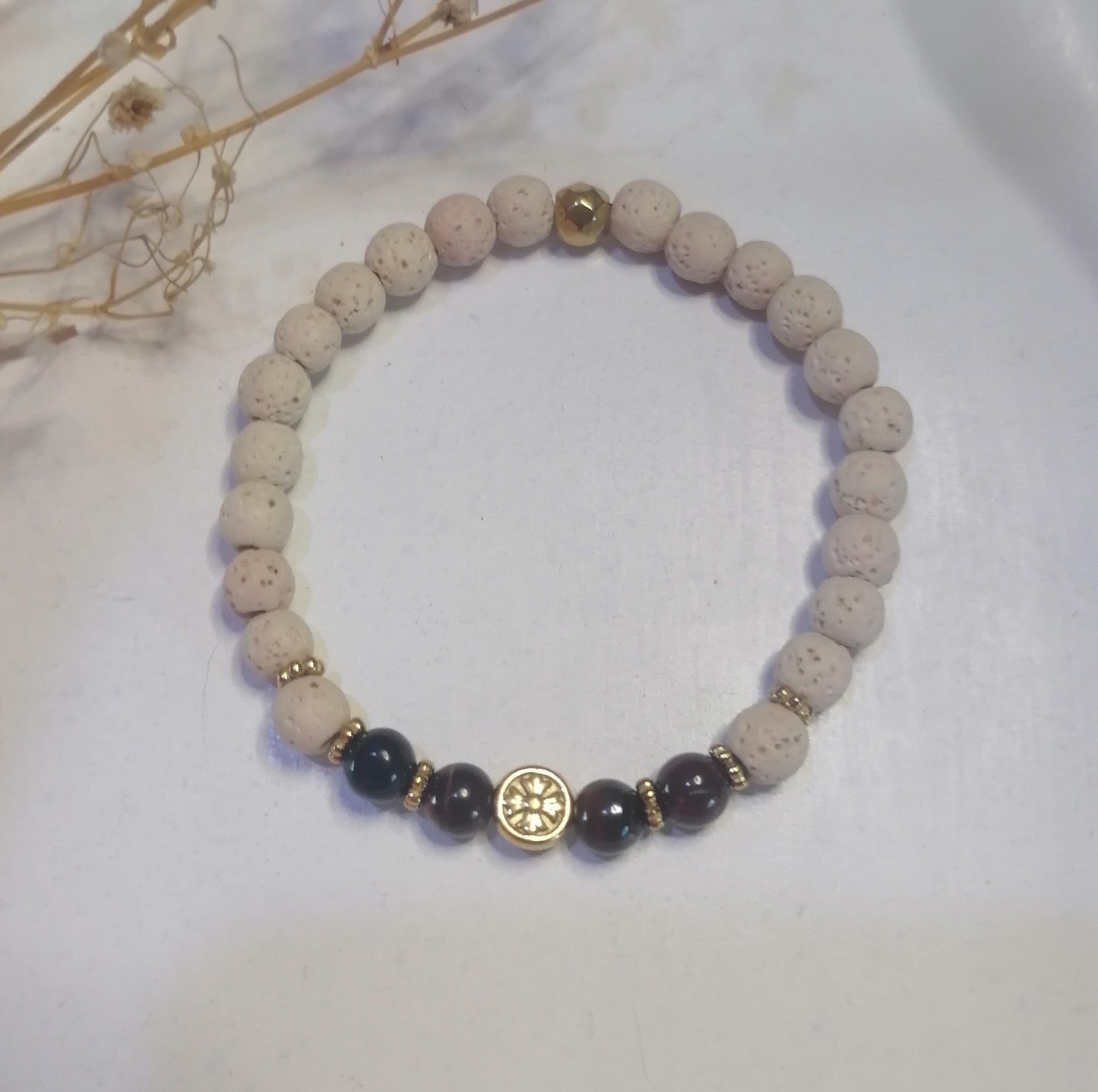 ST037 | Pulsera perlas piedras naturales Ojo de Buey / Lava volcánica