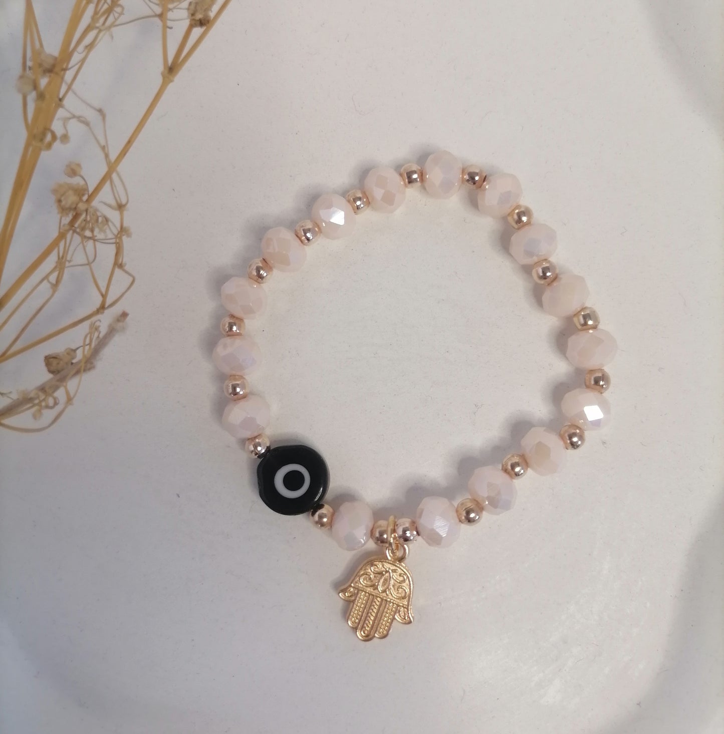 PD008 | Pulsera dorada amuleto mano de Fátima y ojo turco