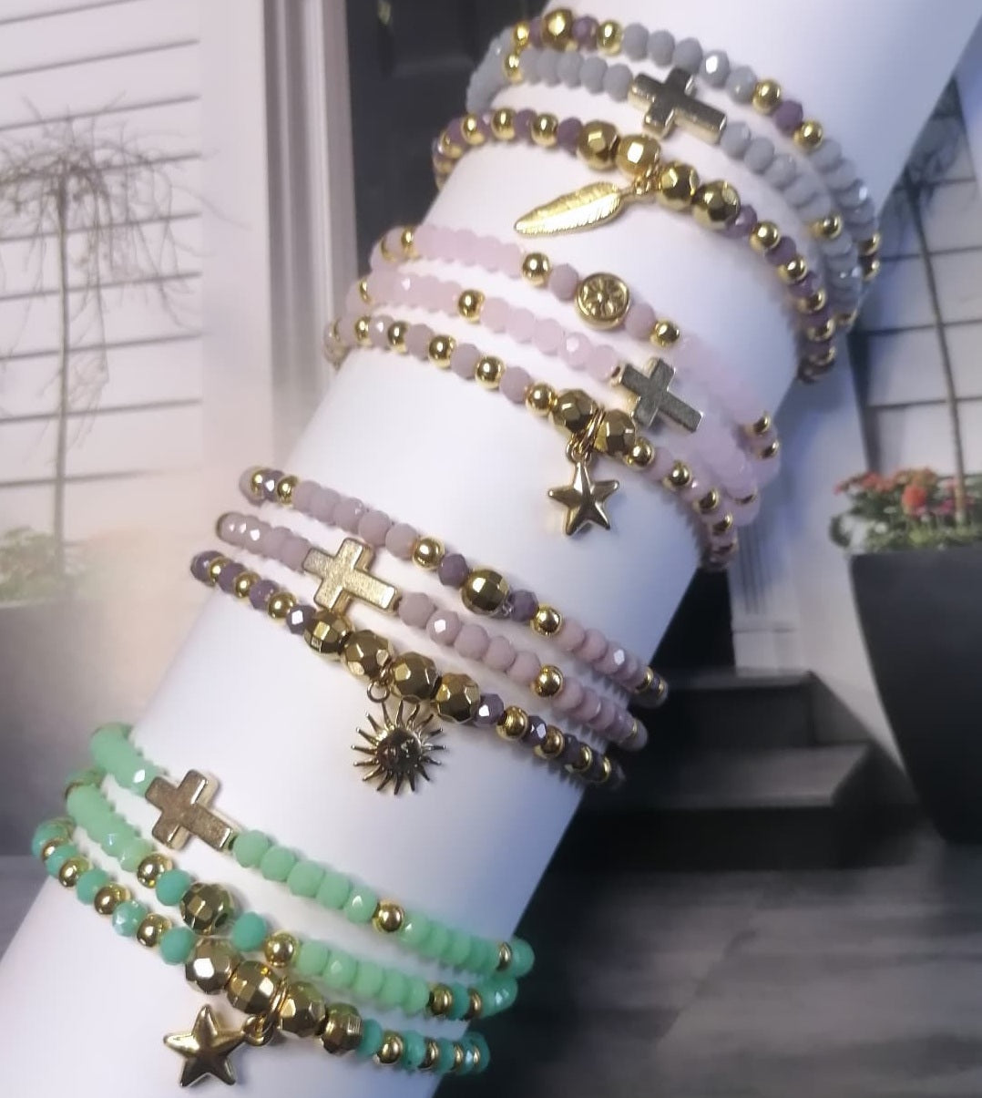 PD029 | Trío de pulseras cuentas de cristal y acero dorado