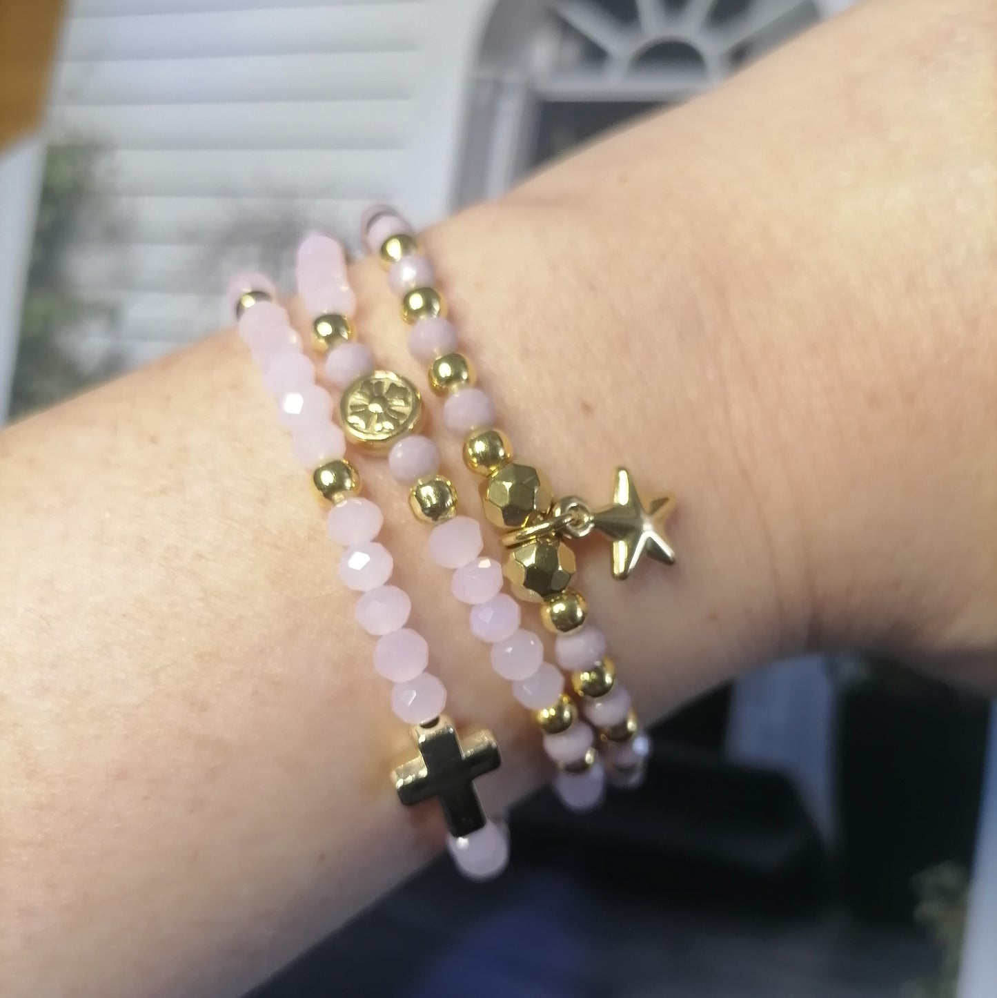 PD029 | Trío de pulseras cuentas de cristal y acero dorado