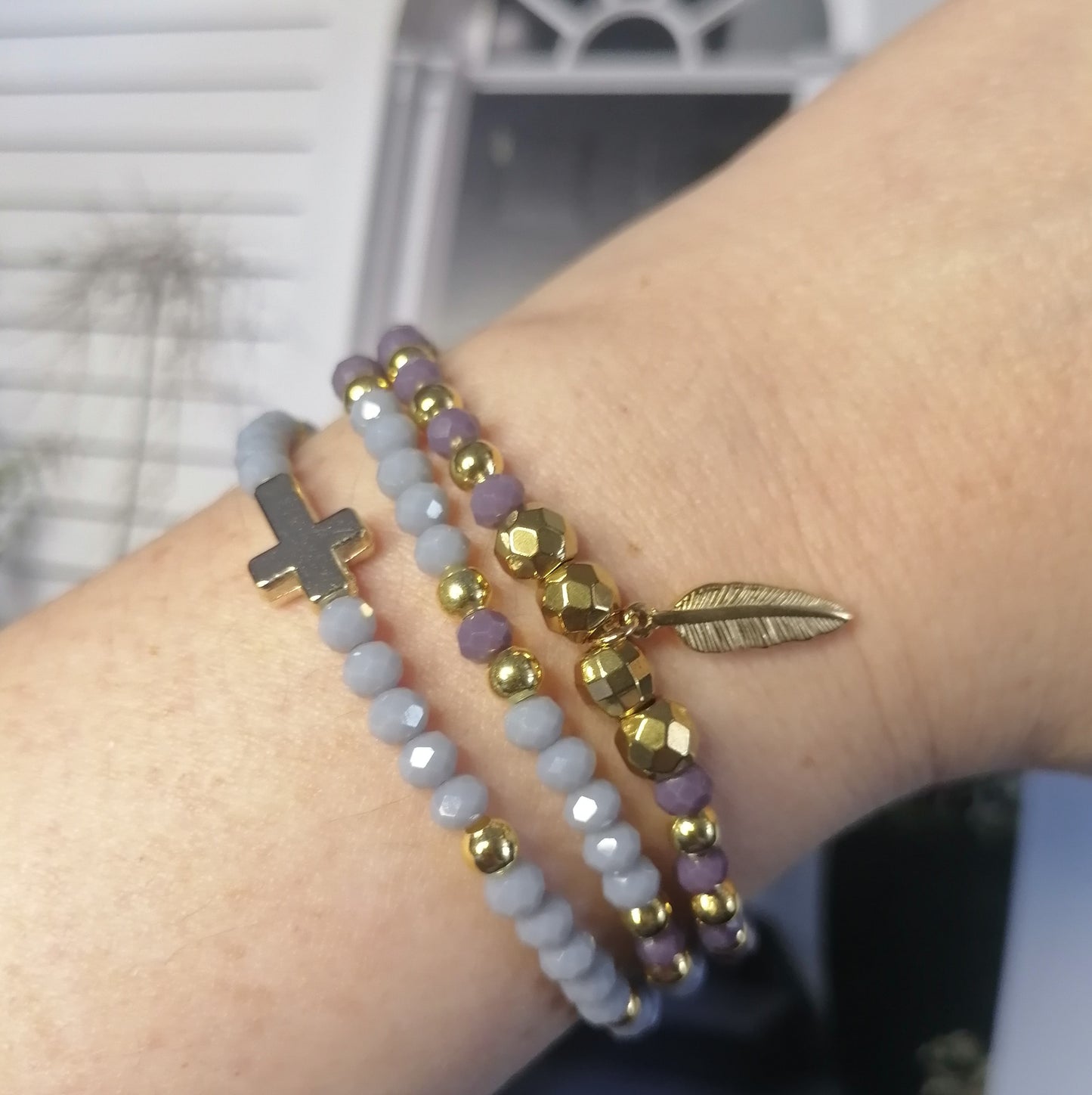 PD029 | Trío de pulseras cuentas de cristal y acero dorado