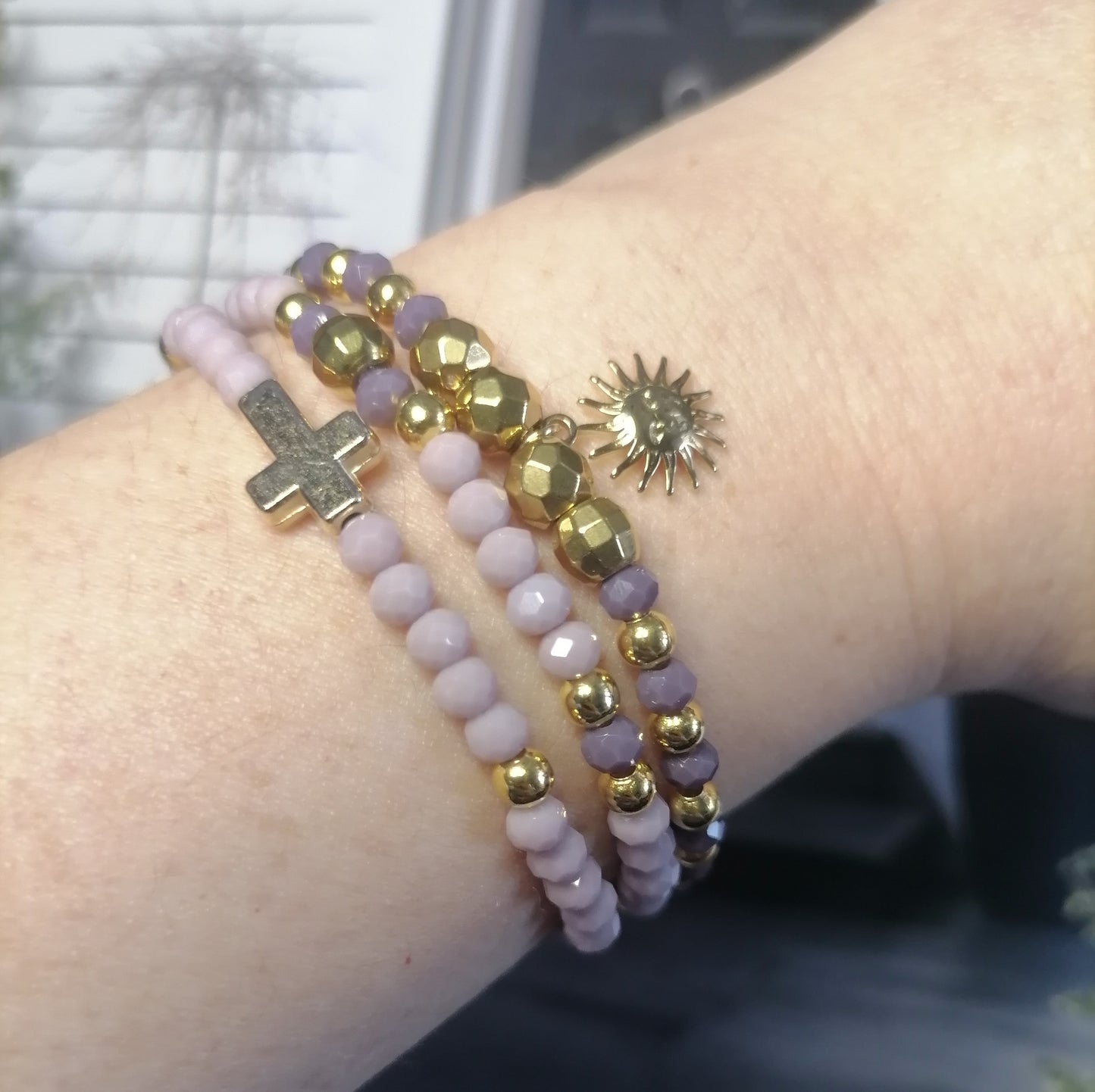 PD029 | Trío de pulseras cuentas de cristal y acero dorado