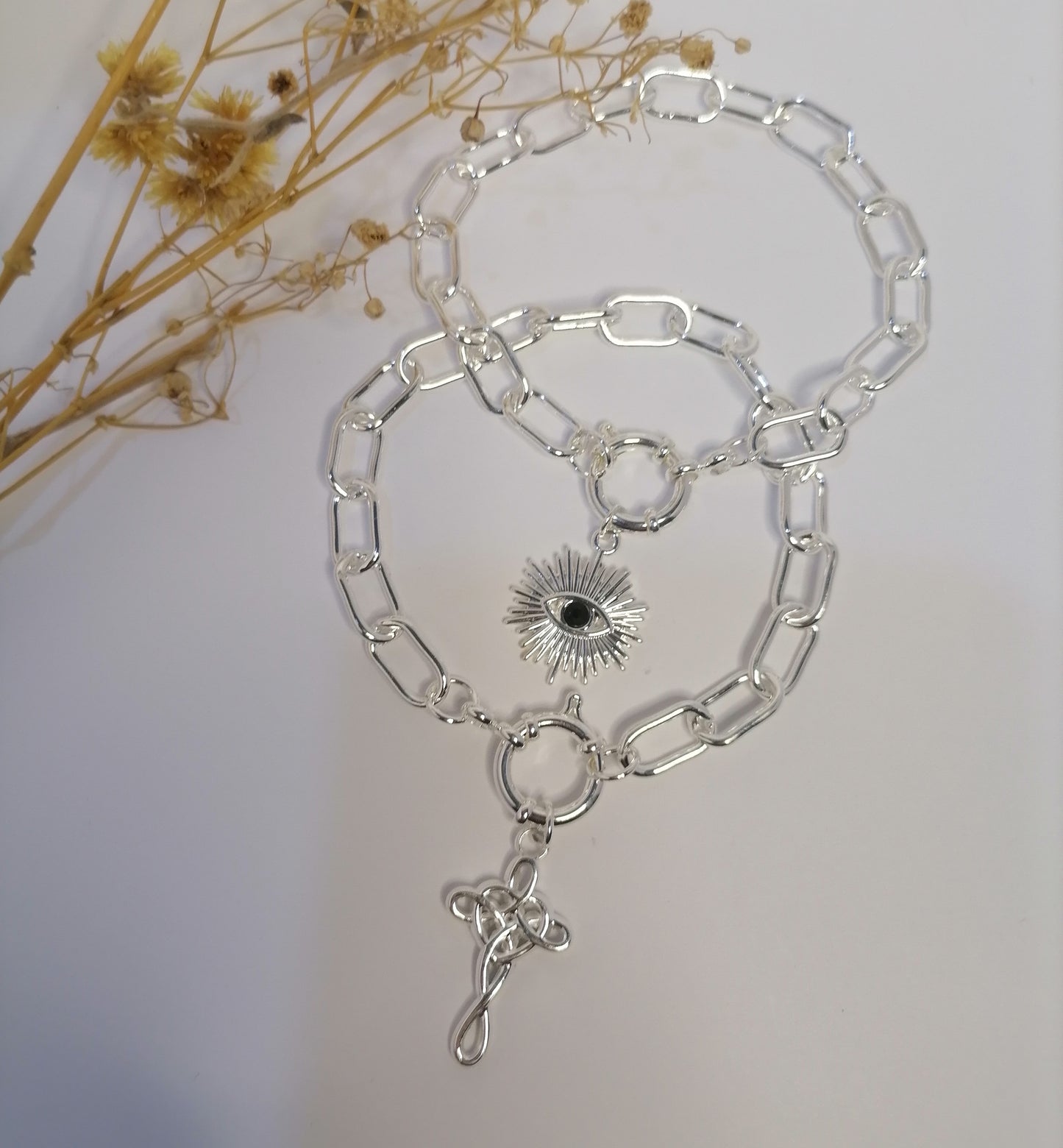 PQ008 | Pulsera con cierre marinero y dije en acero blanco