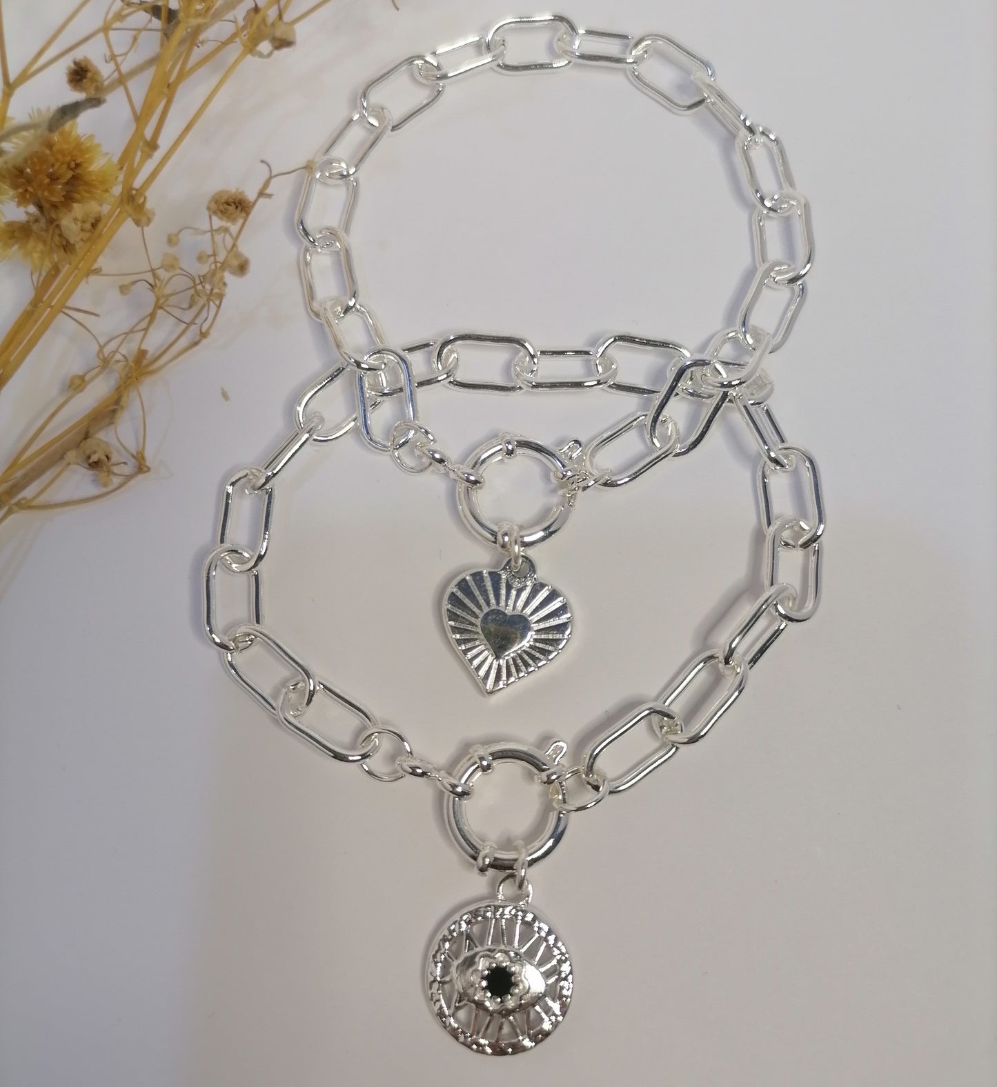 PQ008 | Pulsera con cierre marinero y dije en acero blanco