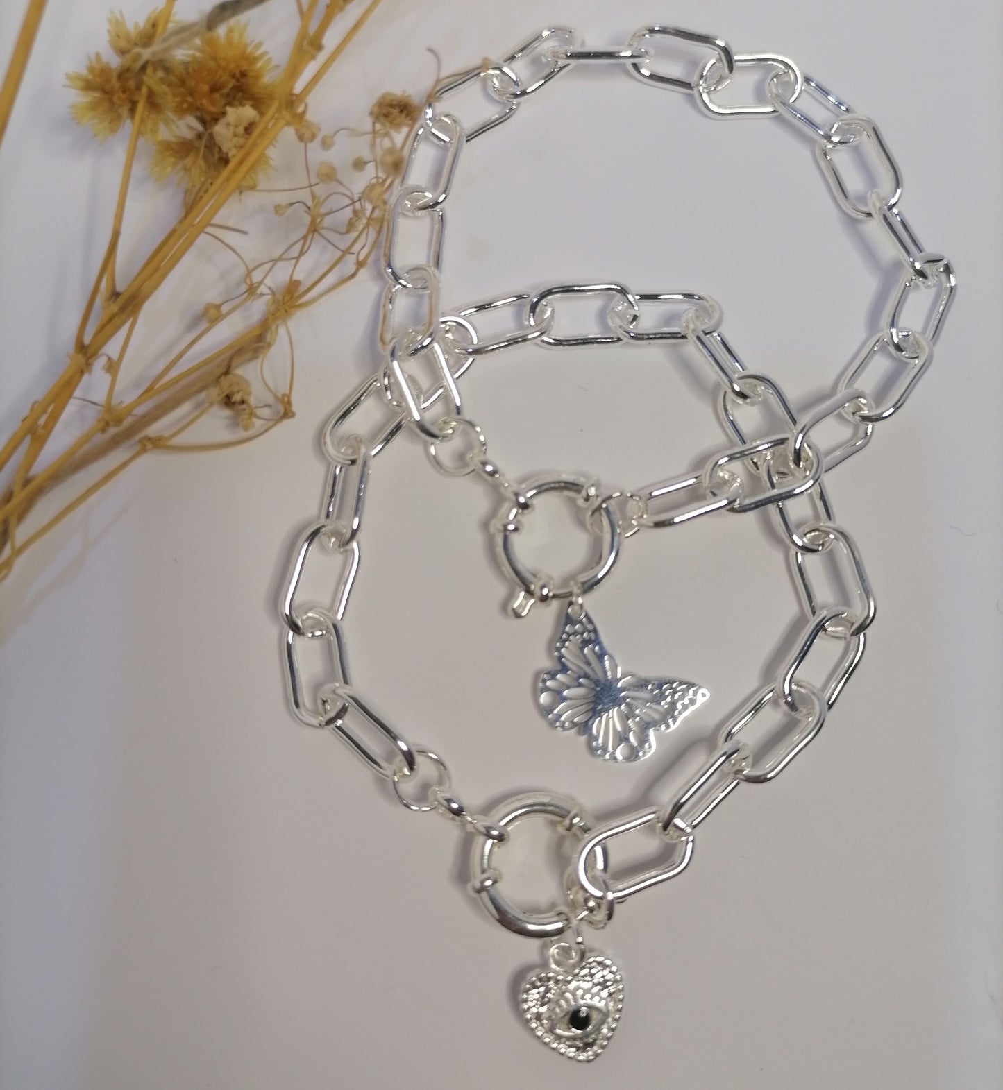 PQ008 | Pulsera con cierre marinero y dije en acero blanco