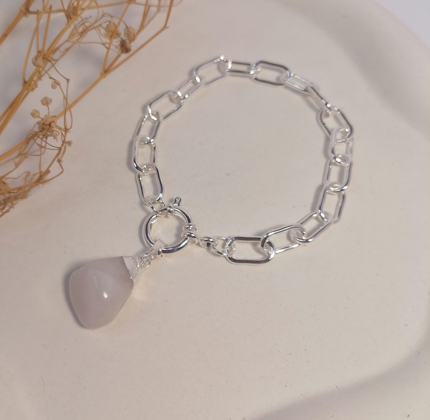 PQ014 | Pulsera en acero blanco con dije piedra natural