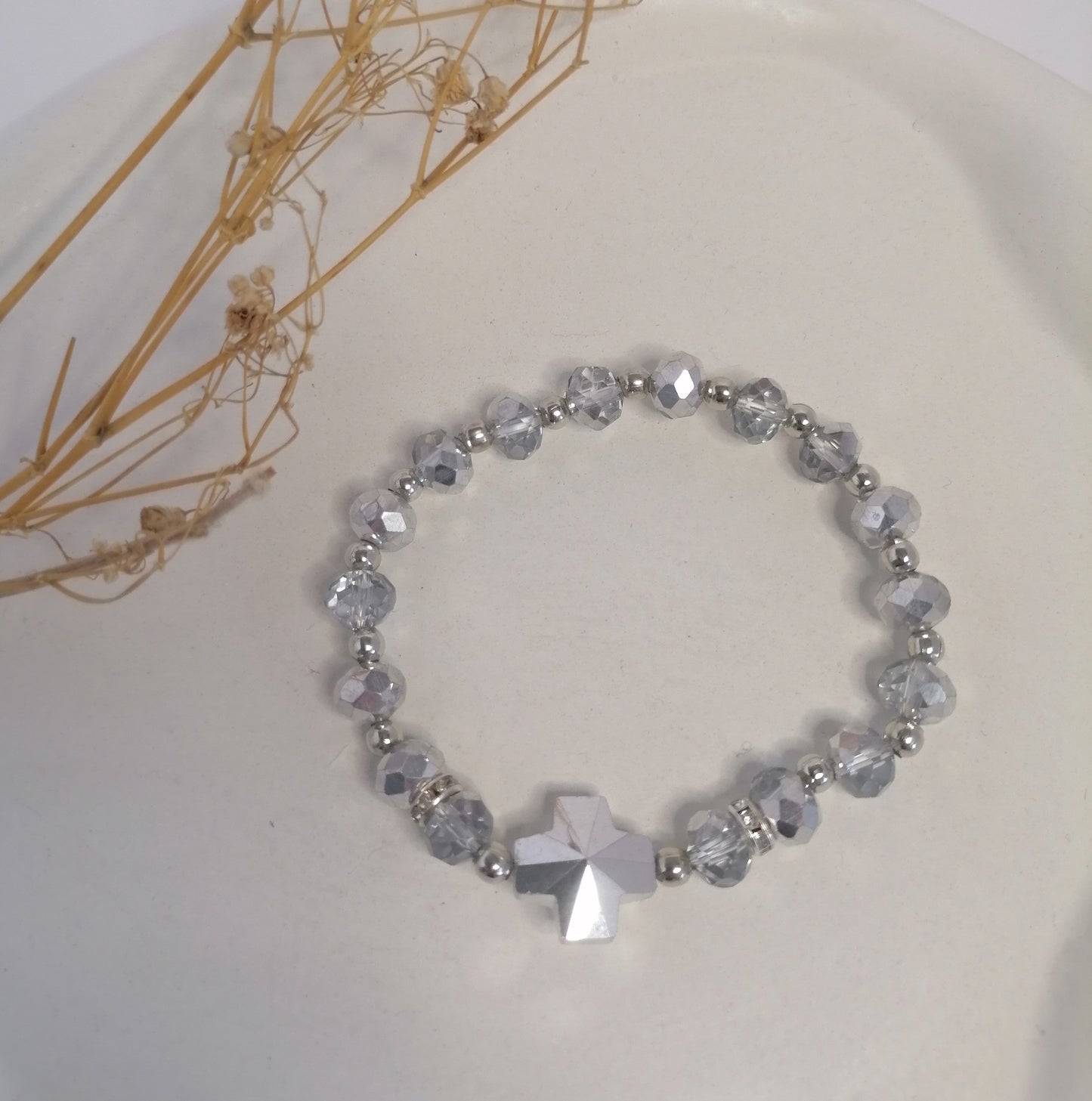 PQ016 | Pulsera plateada cruz de cristal