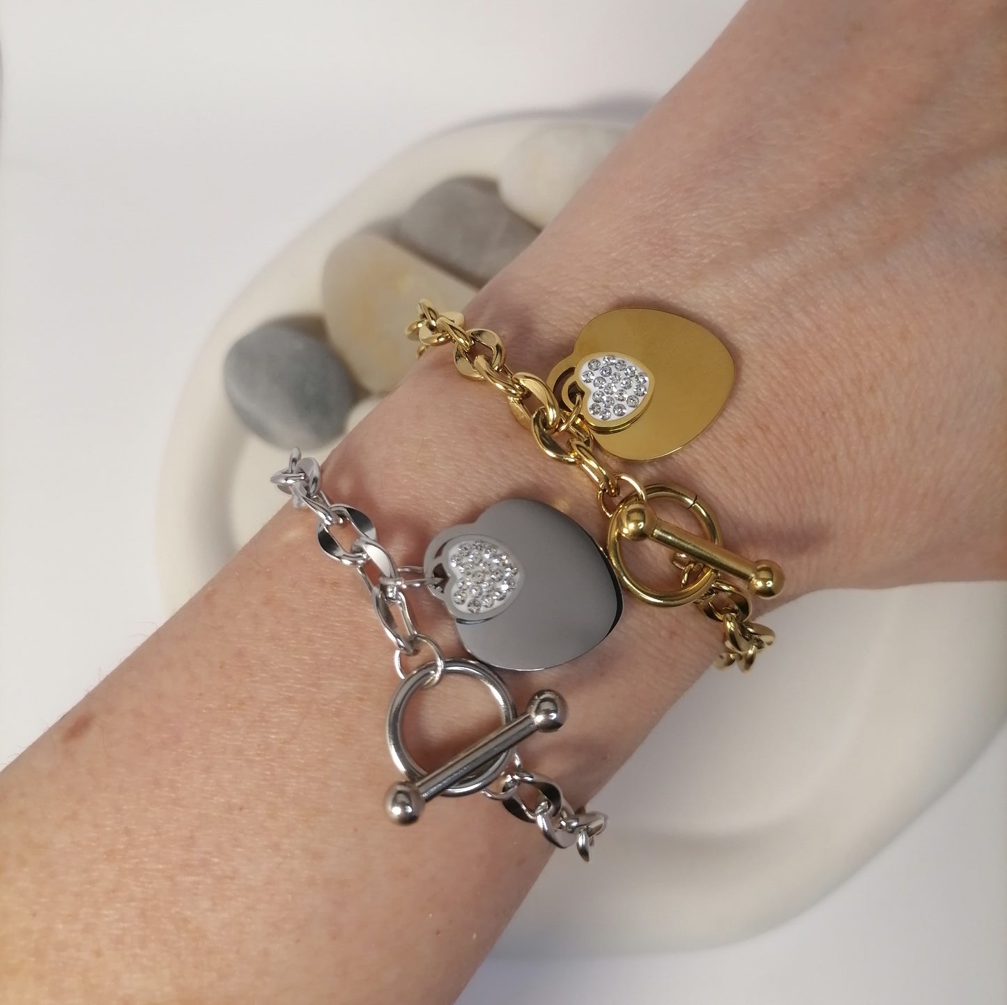 PQ018 | Pulsera acero inoxidable doble corazón