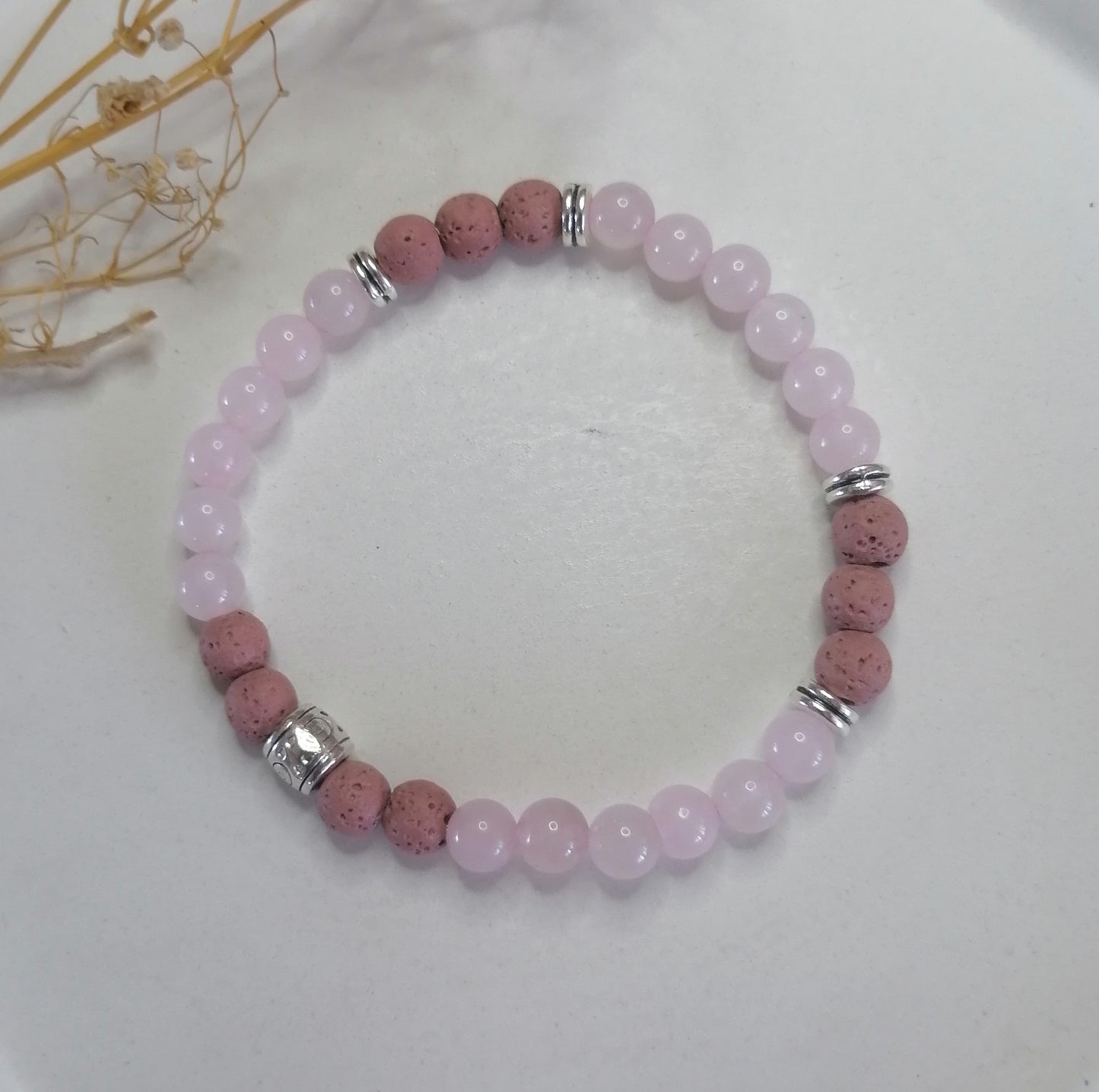ST012 | Pulsera perlas piedras naturales bicolor Cuarzo rosa - Lava rosa