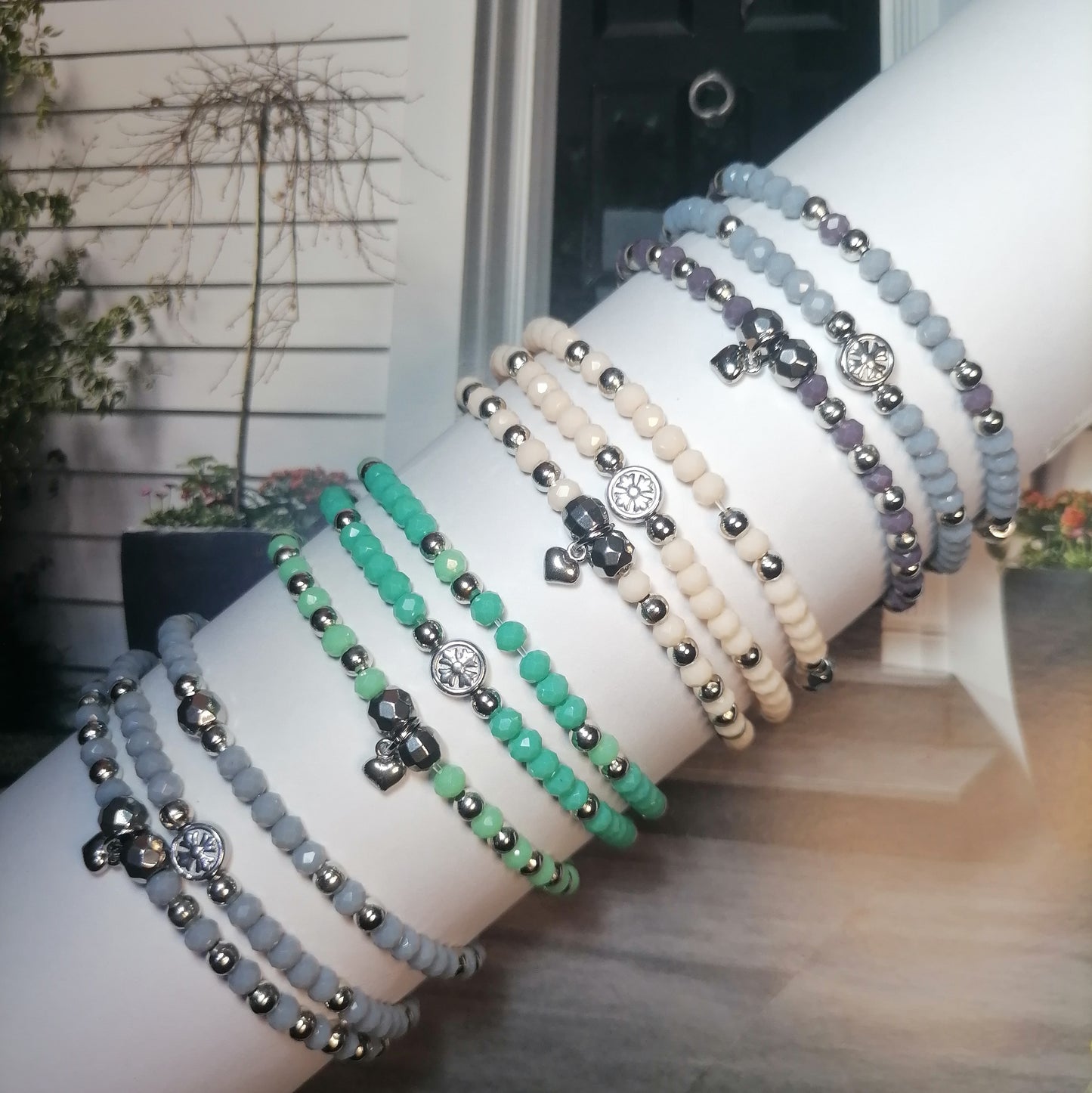 PQ041 | Trío de pulseras cuentas de cristal y acero