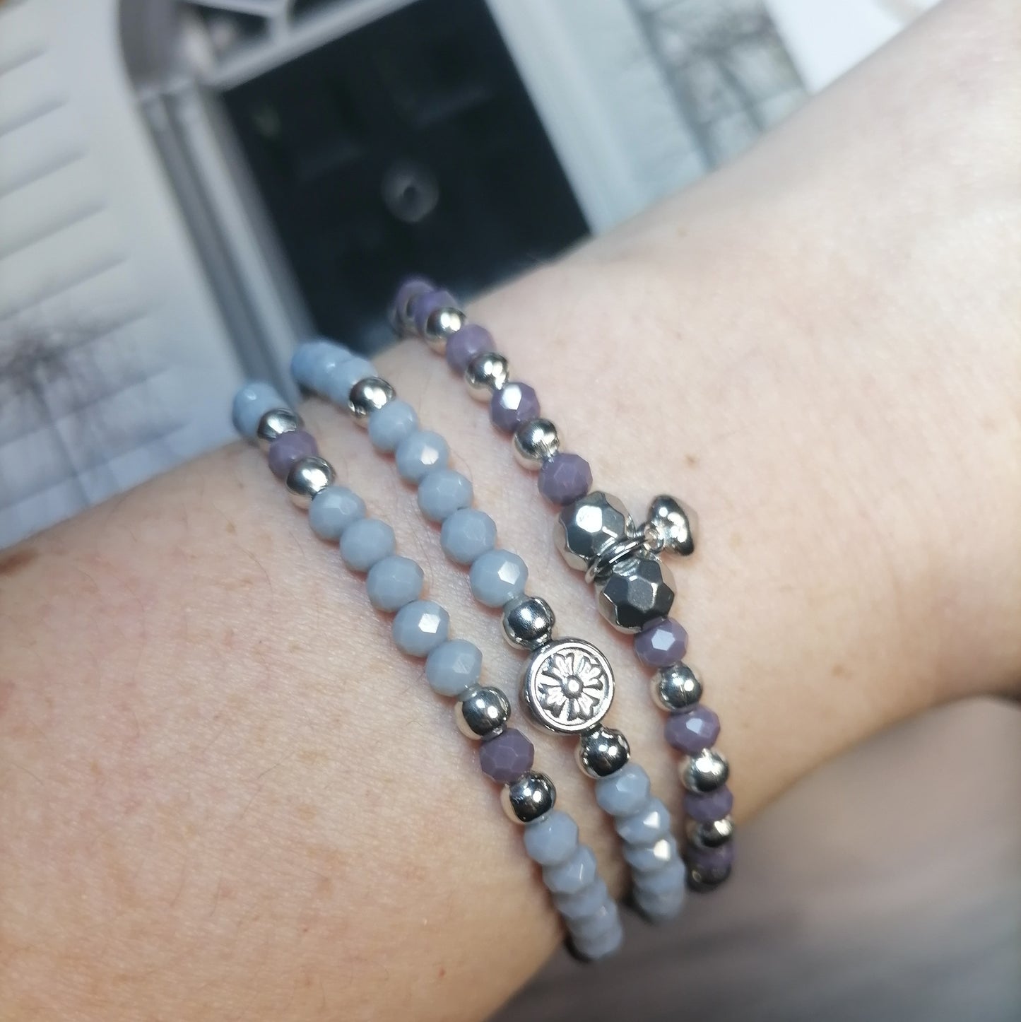 PQ041 | Trío de pulseras cuentas de cristal y acero