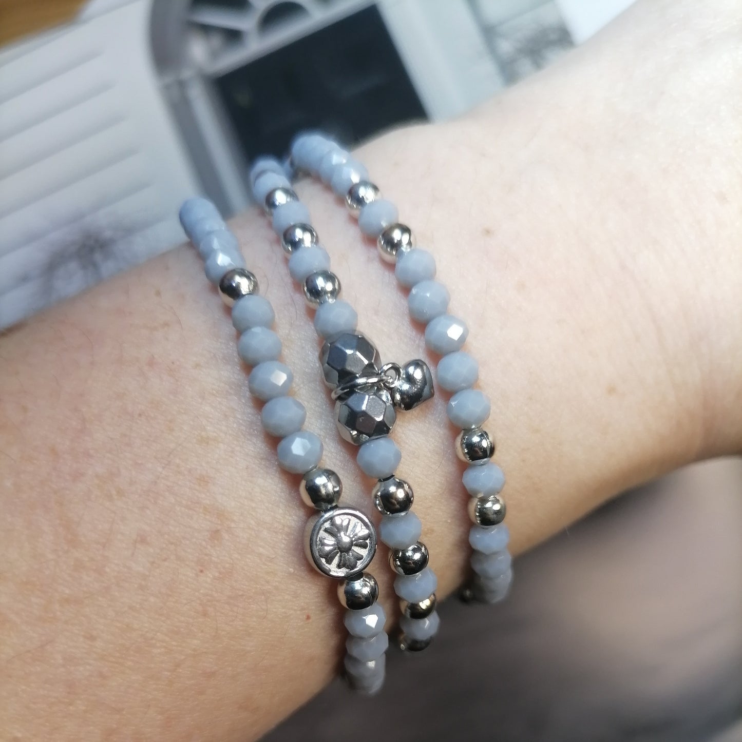 PQ041 | Trío de pulseras cuentas de cristal y acero