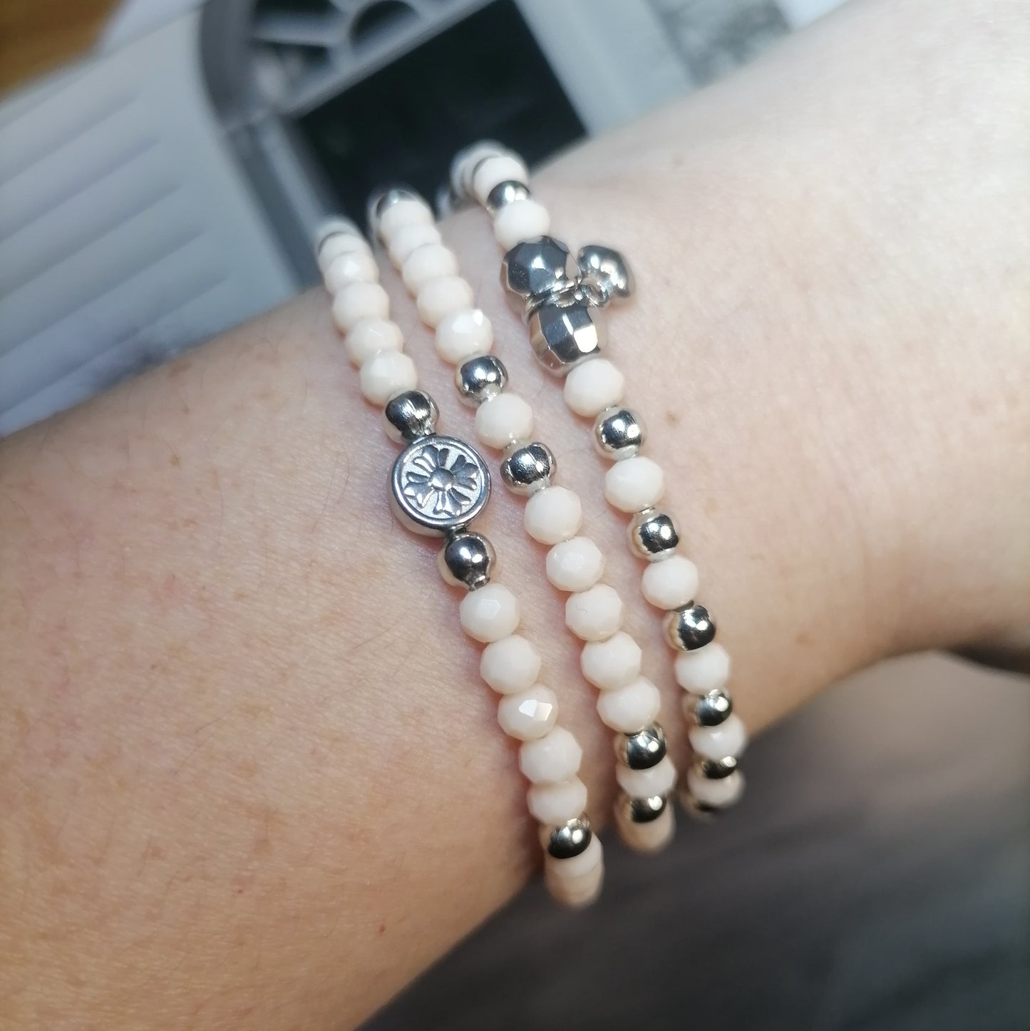 PQ041 | Trío de pulseras cuentas de cristal y acero