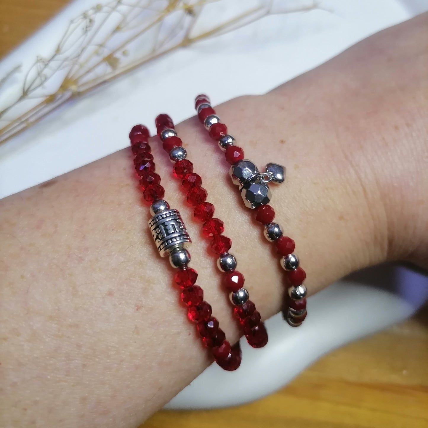 PQ041 | Trío de pulseras cuentas de cristal y acero