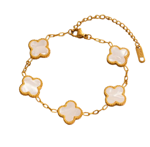 PD012 | Pulsera acero dorado tréboles de cuatro hojas esmaltado blanco