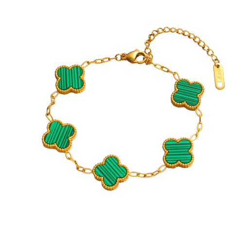PD013 | Pulsera acero dorado tréboles de cuatro hojas esmaltado verde
