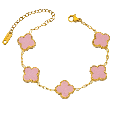 PD016 | Pulsera acero dorado tréboles de cuatro hojas esmaltado rosado