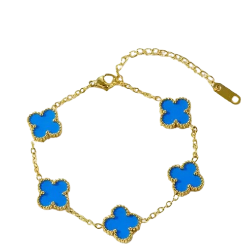 PD014 | Pulsera acero dorado tréboles de cuatro hojas esmaltado celeste