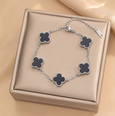 PQ031 | Pulsera acero inoxidable tréboles de cuatro hojas esmaltado negro