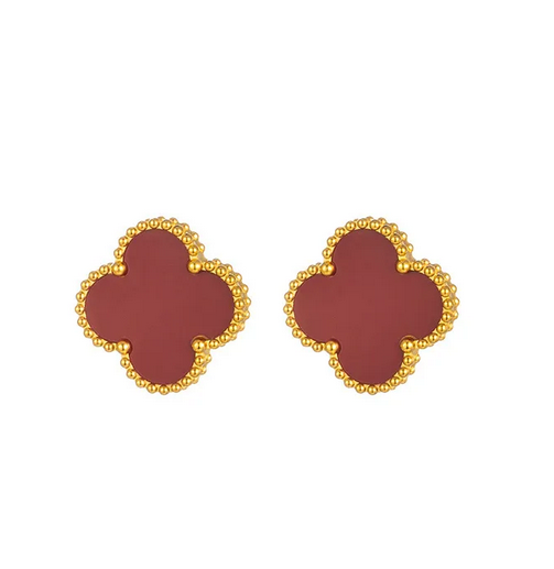ED014 | Caravanas trébol de cuatro hojas en acero dorado y esmaltado rojo vino
