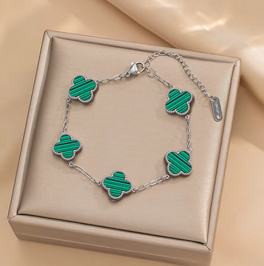 PQ033 | Pulsera acero inoxidable tréboles de cuatro hojas esmaltado verde