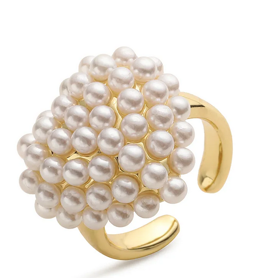 RD001 | Anillo abierto en acero dorado con perlitas
