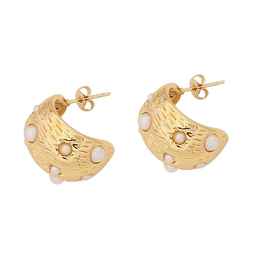 AD031 | Aros en acero dorado con incrustaciones de perlas
