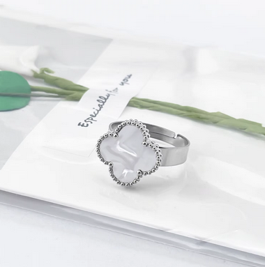 RQ023 | Anillo acero inoxidable regulable trébol de cuatro hojas esmaltado blanco