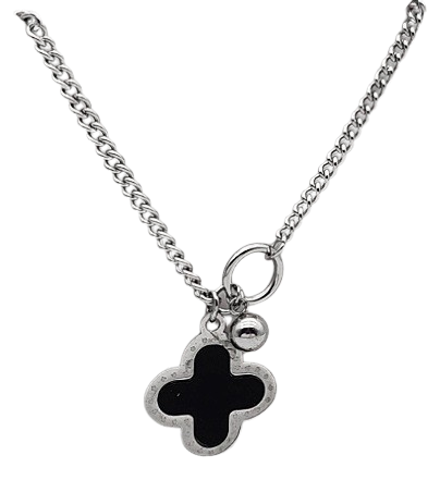 CQ009 | Cadena con dije trébol cuatro hojas en acero inoxidable y esmaltado negro