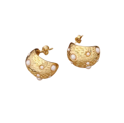 AD031 | Aros en acero dorado con incrustaciones de perlas