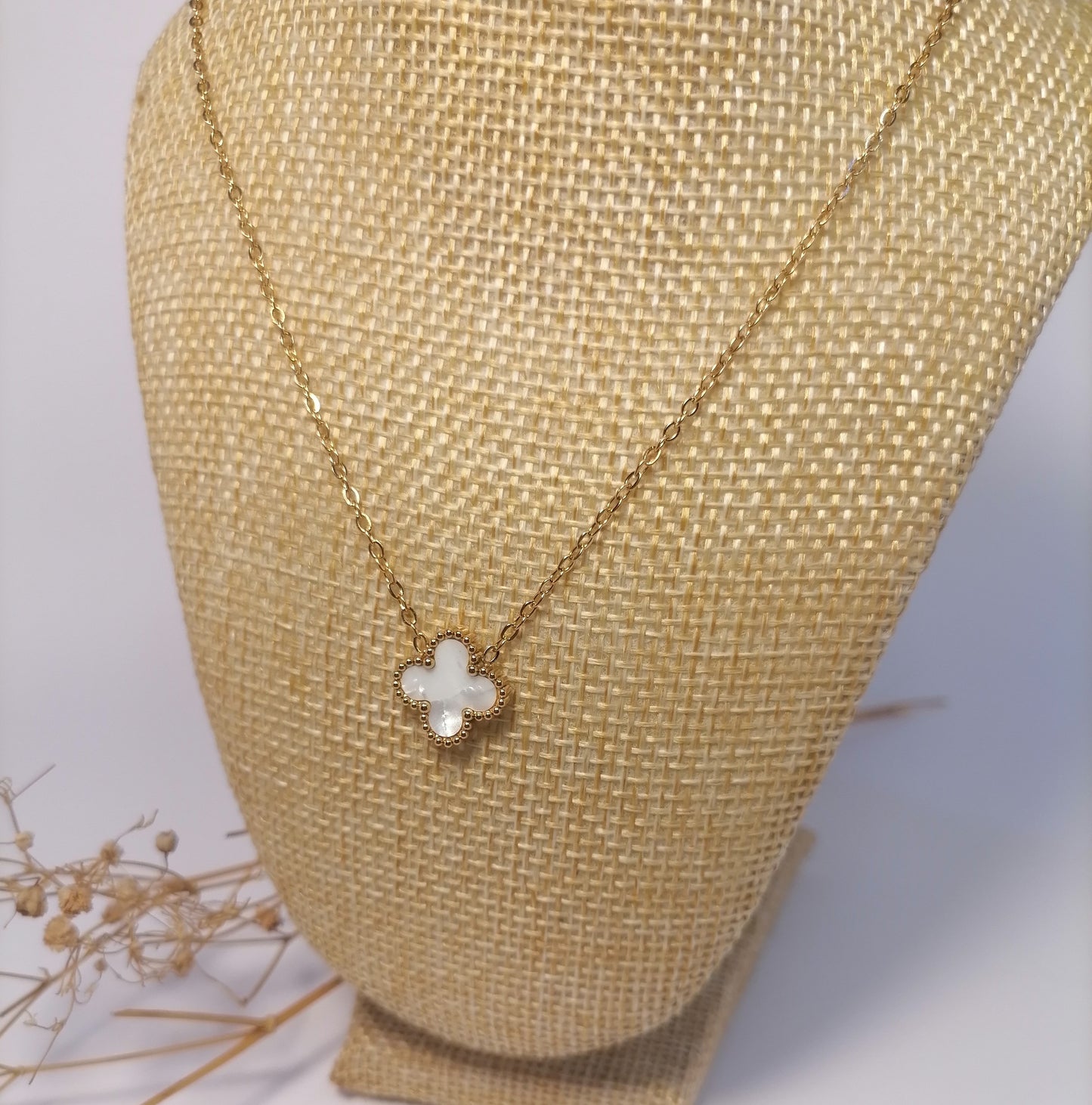 CD014 | Cadena con dije trébol de cuatro hojas en acero dorado y esmaltado blanco