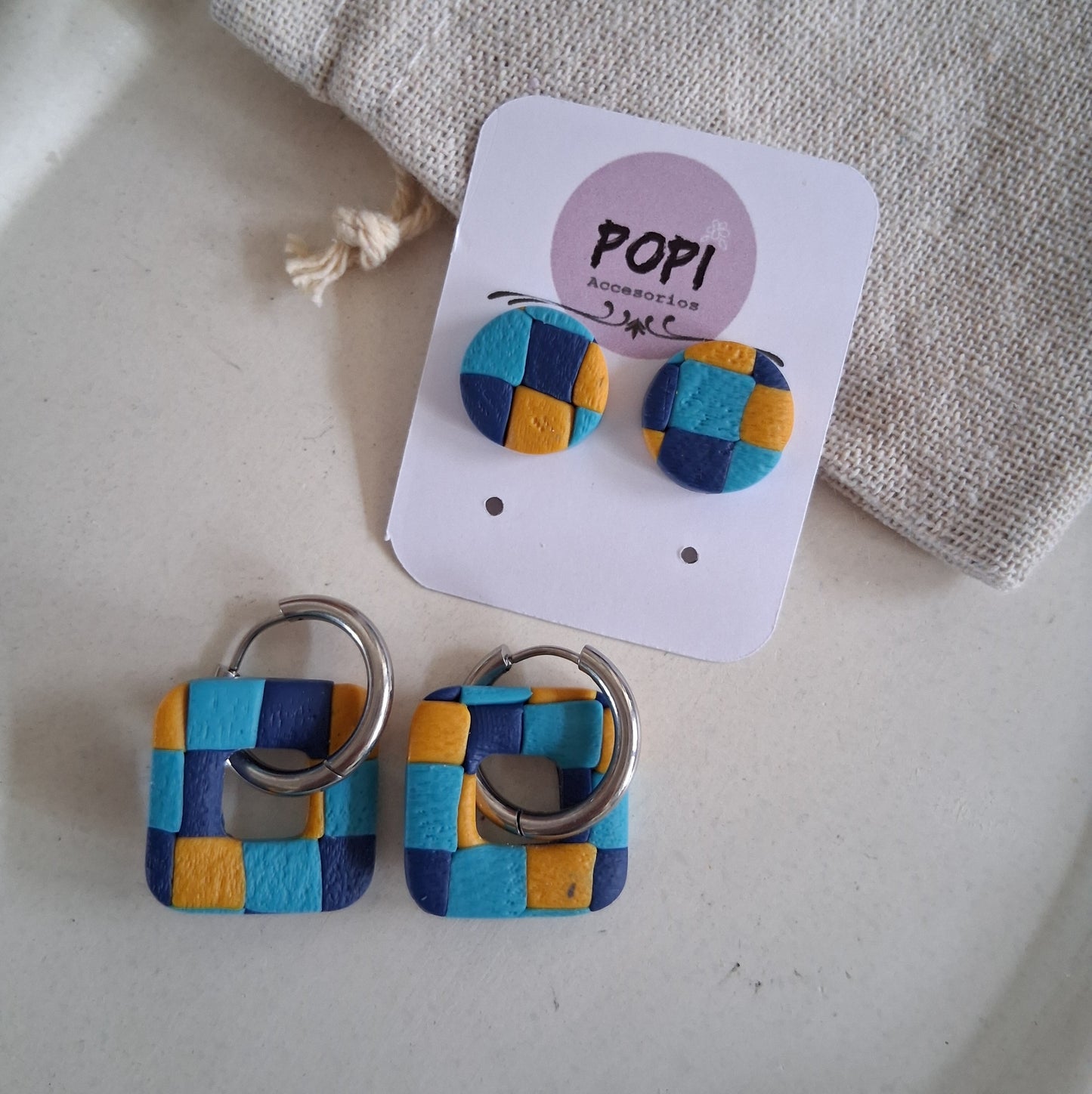 CL025 | Pack aros y caravanas Pachi - Cuadros azul, turquesa y mostaza