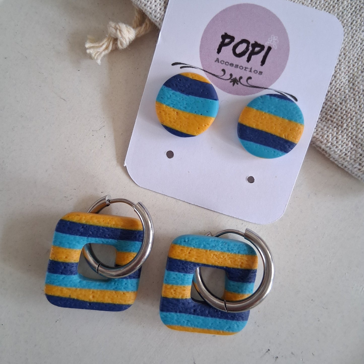 CL025 | Pack aros y caravanas Pachi - Rayas azul, turquesa y mostaza