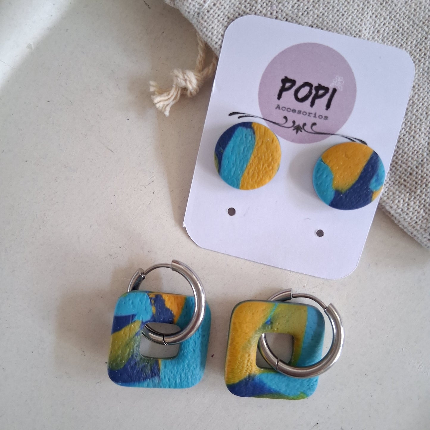 CL025 | Pack aros y caravanas Pachi - Marmolado azul, turquesa y mostaza